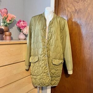 LOGO Lori Goldstein Quilted Honeycomb Olive Green Long Jacket with Pockets